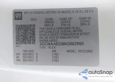 2022 Chevrolet Silverado 1500 2Wd Long Bed Wt из США, поврежденный, VIN 3GCNAAED8NG662965